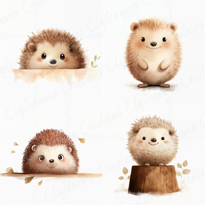 May include: Four illustrations of brown hedgehogs with black eyes and noses. One hedgehog is standing on a tree stump, another is peeking over a brown surface, and the other two are looking up at the viewer.