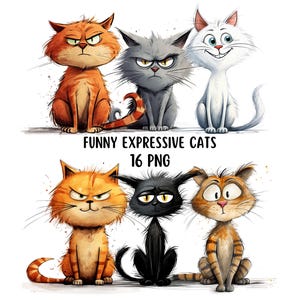 Funny Watercolour Cat Clipart Bundle | Quirky Pet Cat PNG | Grumpy, Happy And Excited Cat Clipart