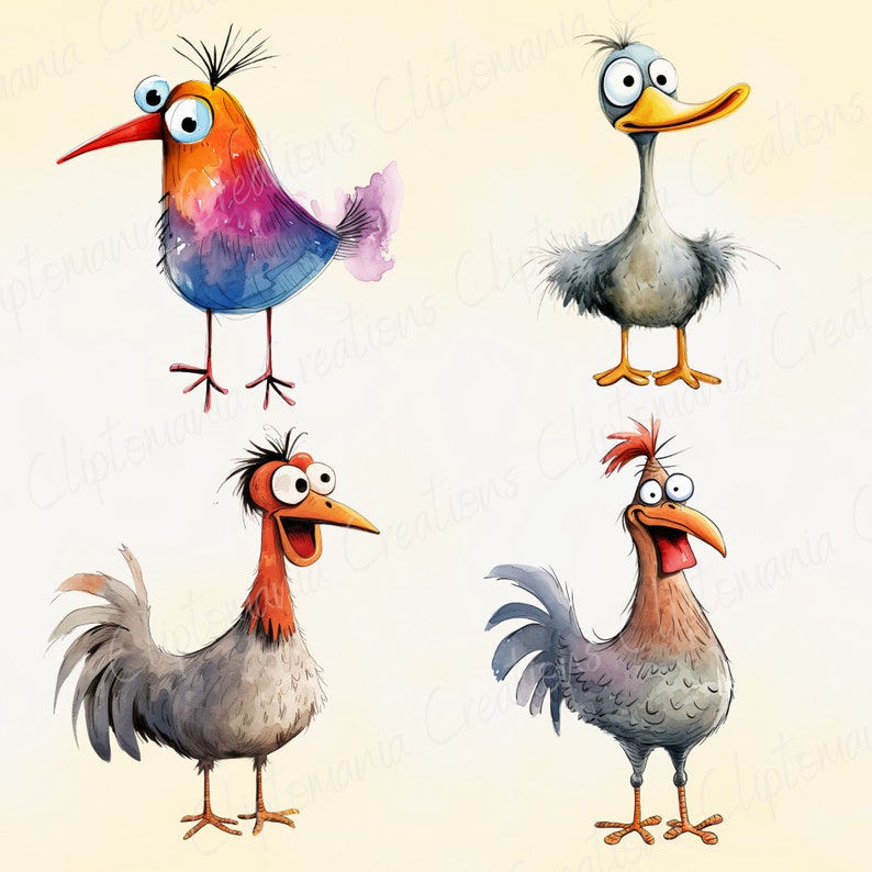 May include: Watercolor illustrations of four whimsical birds with exaggerated features. One bird is a vibrant mix of orange, purple, and blue. Another is a gray duck with a yellow beak. The other two are roosters with red combs and open beaks.