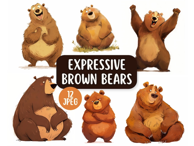 Pu&ograve; includere: Un set di 12 illustrazioni digitali di orsi bruni con diverse espressioni. Gli orsi sono in stile cartone animato e hanno una variet&agrave; di pose, tra cui in piedi, seduti e sdraiati. Il testo "Expressive Brown Bears" e "12 JPEG" &egrave; incluso nell'immagine.