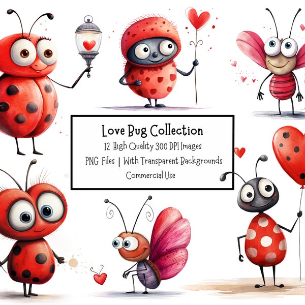 Cute Love Bug PNG Clipart Bundle | Transparent Backgrounds | Commercial Use | Digital Paper Craft | Valentines Day Clipart | Mothers Day