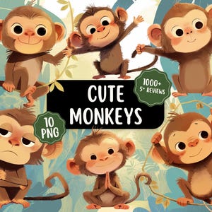 Niedliche Affe Clipart Bundle 10 PNG Designs | Transparente Hintergründe | Kommerzielle Nutzung | Safari Tier druckbare Grafiken | Kinder Clipart