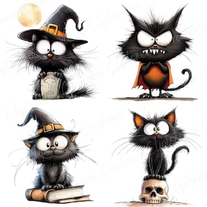 May include: Four cartoon black cats with exaggerated features. One wears a witch hat and holds a tombstone. Another has an angry expression and a cape. A third cat wears a witch hat and sits on a book. The last cat sits on a skull.