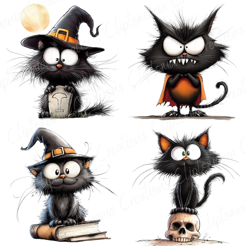 May include: Four cartoon black cats with exaggerated features. One wears a witch hat and holds a tombstone. Another has an angry expression and a cape. A third cat wears a witch hat and sits on a book. The last cat sits on a skull.