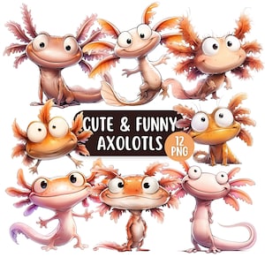 May include: Nine cartoon axolotl illustrations in shades of pink, orange, and brown. The axolotls have large eyes and feathery gills. Text reads "Cute & Funny Axolotls 12 PNG".