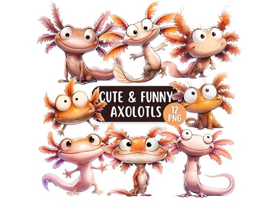 12 Cute & Funny Axolotl PNG Clipart Bundle, Cute Salamander Clipart, Funny Amphibian PNG, Cute Kawaii Cartoon Axolotl Graphics