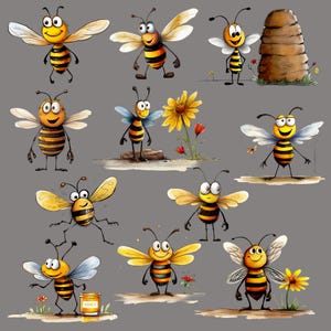 May include: A set of 10 cartoon bee illustrations with various poses and expressions. The bees are yellow and black with brown eyes and wings. Some bees are holding honey pots, while others are flying or standing on flowers. The illustrations are on a grey background.