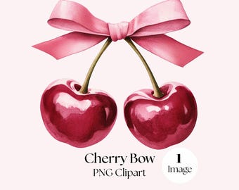 Vintage Coquette Cherry Bow PNG, Cherry Bow Clipart, Watercolour Pink Bow, Coquette Clipart, Digital Download, Commercial Licence