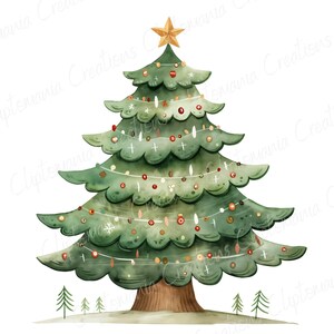 K&ouml;nnte beinhalten: Ein gr&uuml;ner Weihnachtsbaum, geschm&uuml;ckt mit roten und goldenen Kugeln, wei&szlig;en Lichtern und einem goldenen Stern oben. Der Baum steht auf wei&szlig;em Hintergrund.