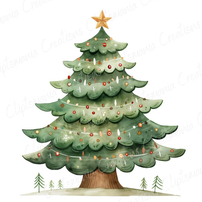 K&ouml;nnte beinhalten: Ein gr&uuml;ner Weihnachtsbaum, geschm&uuml;ckt mit roten und goldenen Kugeln, wei&szlig;en Lichtern und einem goldenen Stern oben. Der Baum steht auf wei&szlig;em Hintergrund.