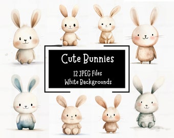 Cute Printable Watercolour Bunny Clipart Bundle 12 JPEG Files | White Backgrounds | Commercial Use | Digital Crafting | Junk Journal