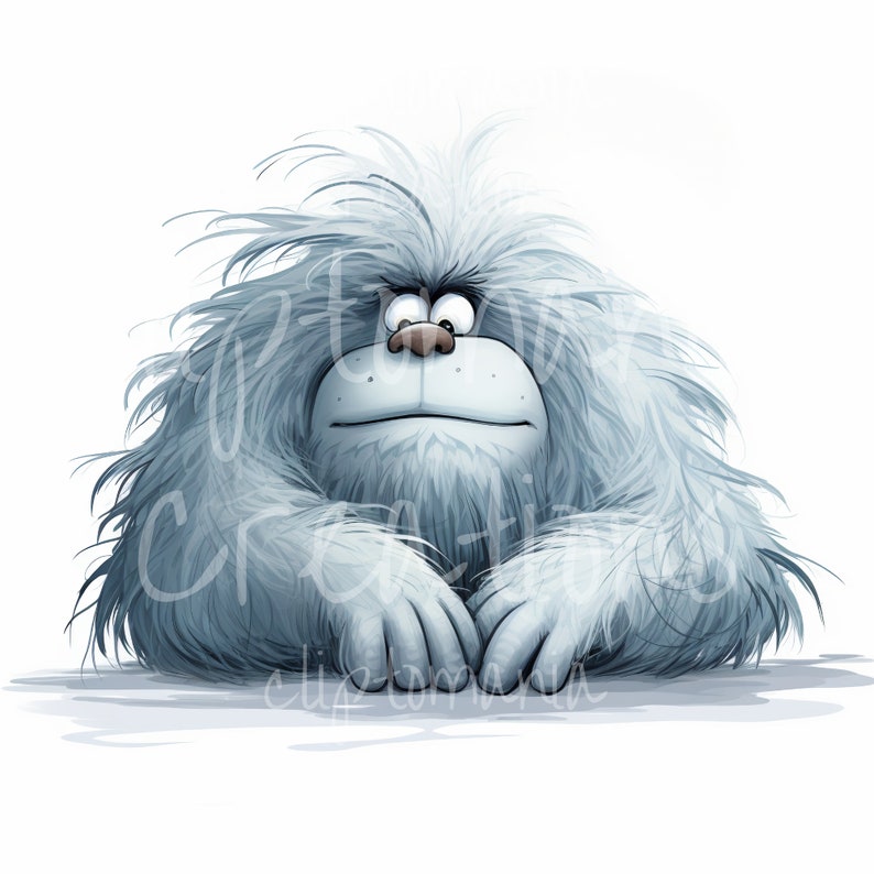 May include: A digital illustration of a fluffy, light blue yeti character with shaggy fur, a rounded nose, and wide eyes. The creature is positioned in a resting pose with its hands placed forward, featuring a watermark text overlay across the center.