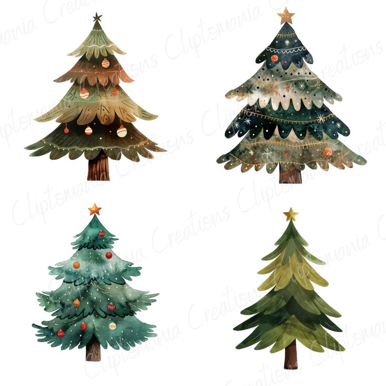 K&ouml;nnte beinhalten: Vier Aquarell-Weihnachtsb&auml;ume mit verschiedenen Dekorationen. Die B&auml;ume sind gr&uuml;n mit braunen St&auml;mmen und sind mit goldenen, roten und wei&szlig;en Ornamenten geschm&uuml;ckt. Die B&auml;ume stehen auf einem wei&szlig;en Hintergrund.
