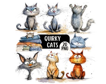 20 Quirky Cat PNG Clipart Bundle, Whimsical Pet Cat Clipart, Funny Cat Illustrations, Cute Pet Cats, Transparent Backgrounds