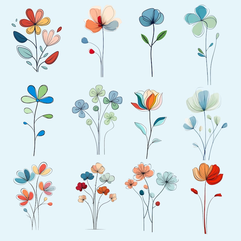 May include: A set of 12 colorful flower illustrations with a simple line art style. The flowers are drawn in various shades of blue, green, red, orange, and yellow.