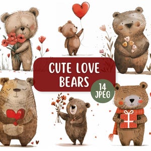 Paquete de 14 imágenes prediseñadas de osos de San Valentín adorables en formato JPEG. Imágenes prediseñadas adorables para el Día de la Madre. Osos de amor. Diseños para hacer tarjetas. Osos adorables. Corazones de amor.