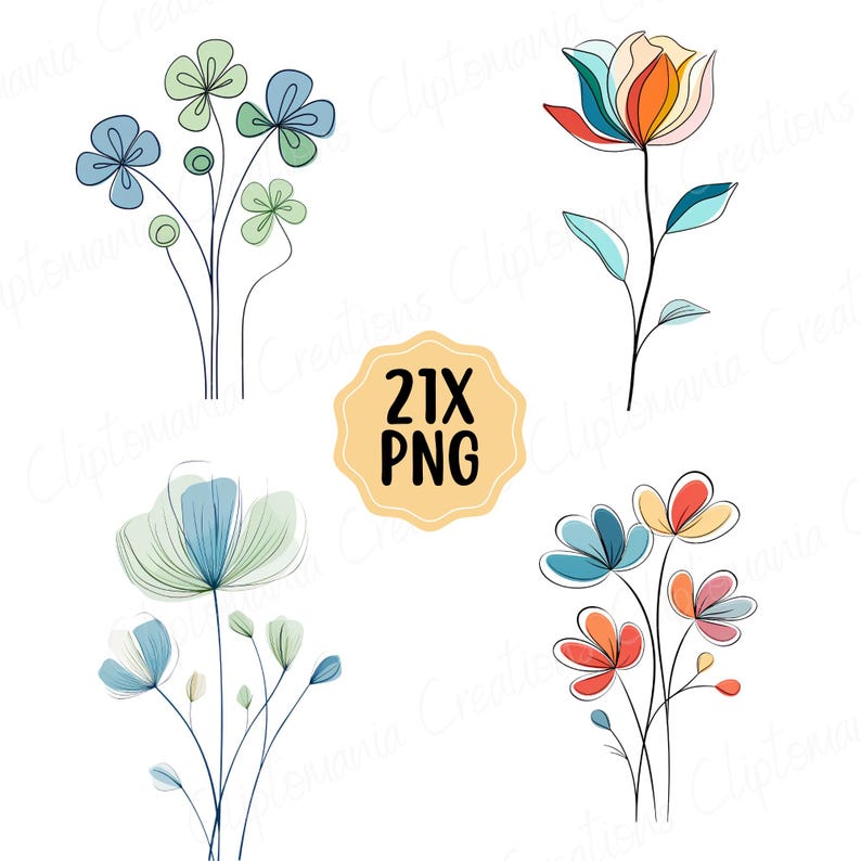 May include: Four different floral designs in a minimalist style. The flowers are outlined in black and filled with various colors, including blue, green, yellow, orange, and red.