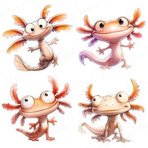 May include: Four cartoon axolotls in shades of pink, orange, and beige are shown against a white backdrop. Each axolotl has large, expressive eyes and feathery gills. The illustrations have a whimsical and playful style.