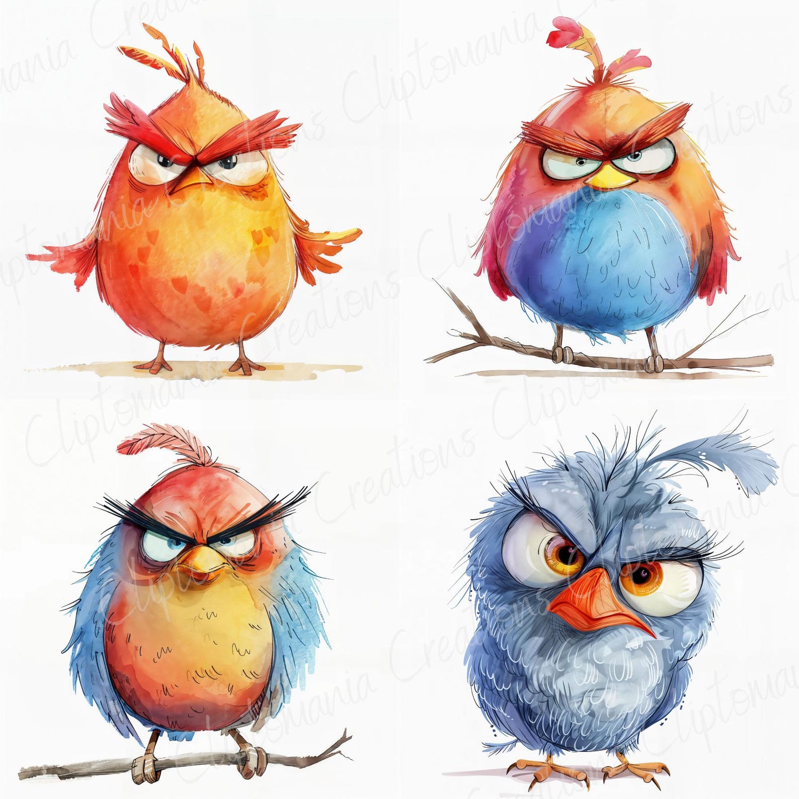 Funny Grumpy Birds 14 JPEG Clipart Bundle | Commercial Use | Card ...