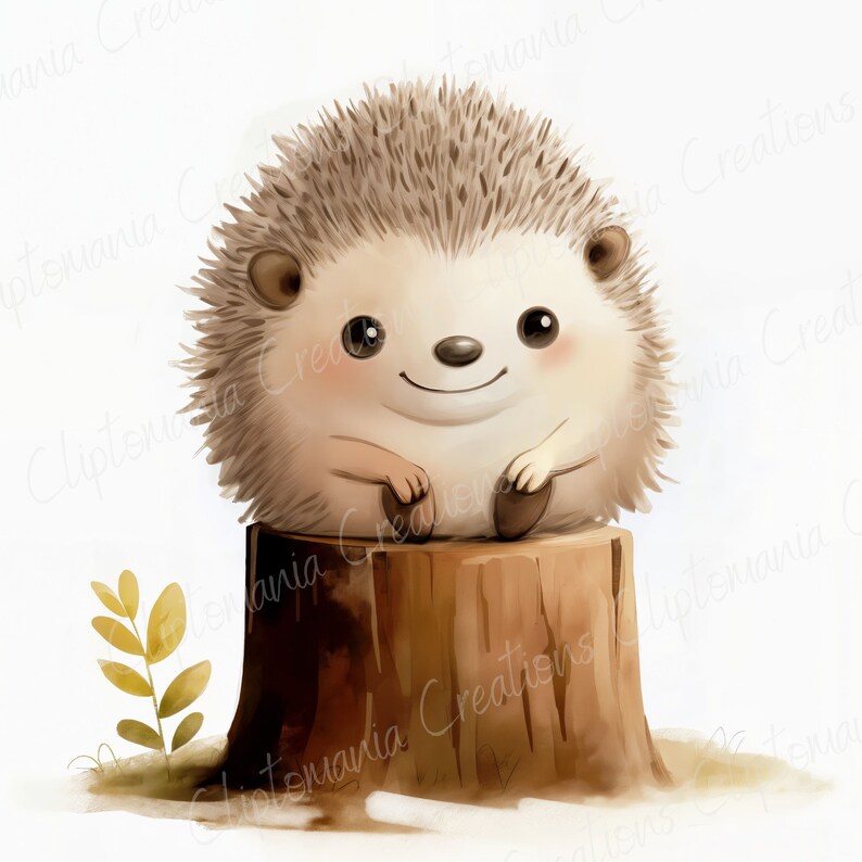 May include: A cute cartoon hedgehog with brown quills sits on a tree stump. The hedgehog has a brown nose, black eyes, and a big smile. The tree stump is brown and has a rough texture.