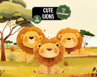 Söt lejon Clipart Bundle 13 PNG-bilder | Transparenta bakgrunder | Utskrivbara safaridjur | Barnrumsclipart