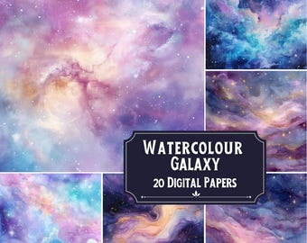 Paquete de papeles digitales de galaxias en acuarela / Papeles imprimibles para álbumes de recortes con fondo espacial de galaxias en acuarela / Fondos celestes nebulosos