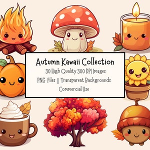 Herbst Kawaii Clipart Bundle | Set aus 30 hochwertigen PNG-Dateien | Transparente Hintergründe | Niedliche Kürbisse, Blätter, Tiere, Kerzen, Drinks