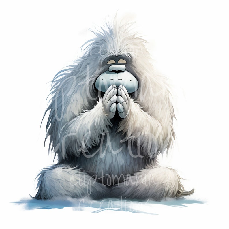 May include: A digital illustration of a white, furry yeti sitting in a cross-legged position with hands pressed together near its face. The creature has a rounded, light blue face, closed eyes, and thick, shaggy white fur covering its entire body.