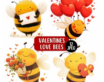 May include: A digital illustration set featuring four cartoon bees with yellow and black stripes. One bee holds a white envelope with a red heart, another carries red heart-shaped balloons, one holds a bouquet of roses, and one holds a heart gift box.