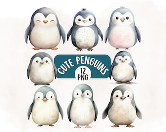 Paquete de imágenes prediseñadas de pingüinos adorables / Imágenes PNG de pingüinos bebés / Descarga digital de animales de invierno para manualidades y sublimación / Arte imprimible de pingüinos para guardería