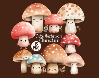 Cute Mushroom Clipart Bundle, Transparent Backgrounds, Toadstool Clipart, Funny Mushroom PNG, Kawaii Mushroom Clipart, Digital Download