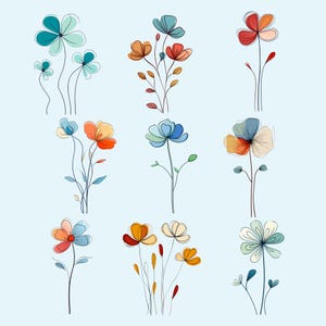 May include: A digital illustration of nine different flowers in various colors, including blue, green, red, orange, and yellow. The flowers are drawn in a simple, stylized manner, with thin lines and delicate details.