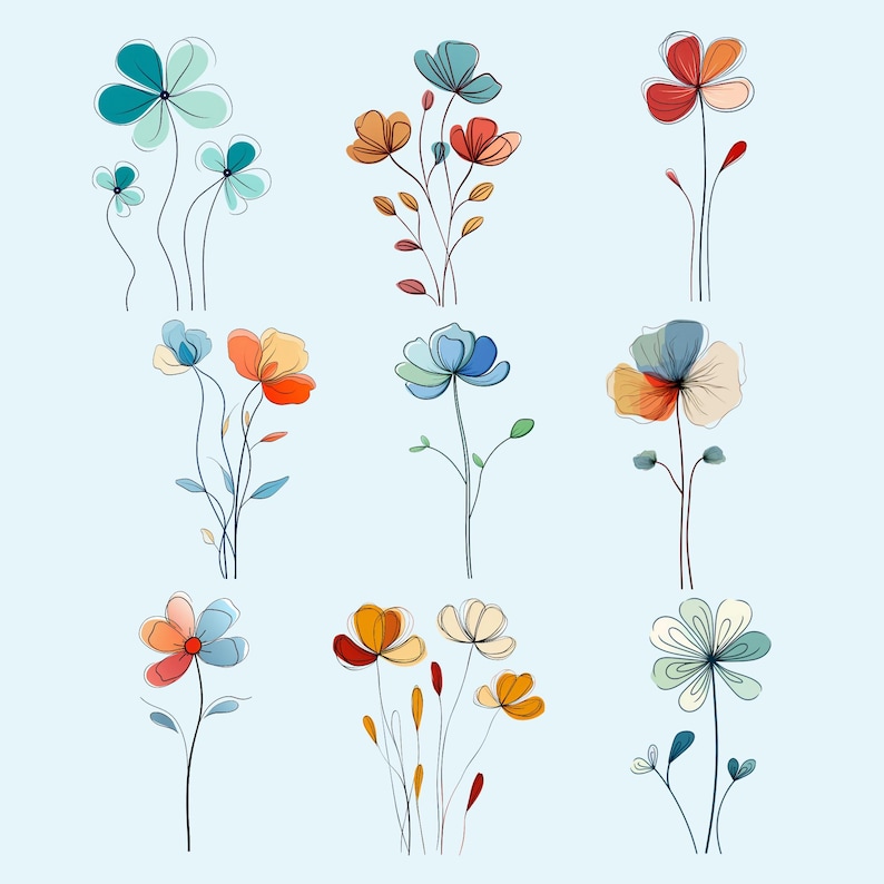 May include: A digital illustration of nine different flowers in various colors, including blue, green, red, orange, and yellow. The flowers are drawn in a simple, stylized manner, with thin lines and delicate details.