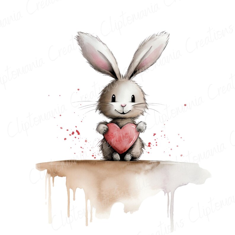 Puede incluir: Una ilustraci&oacute;n de acuarela de un conejo marr&oacute;n sosteniendo un coraz&oacute;n rojo. El conejo est&aacute; de pie sobre una plataforma marr&oacute;n con gotas de acuarela.