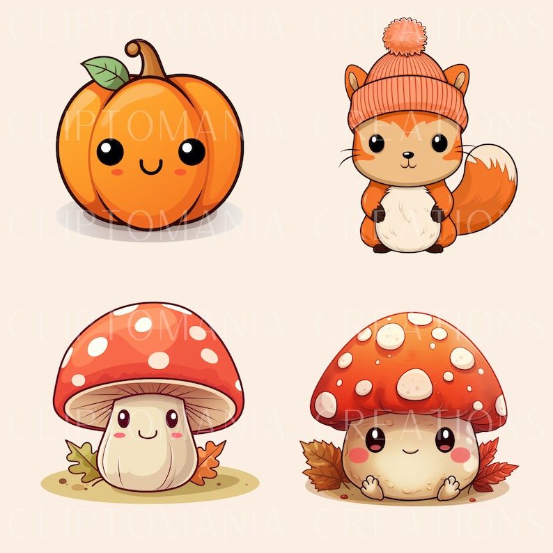 May include: Four cute cartoon characters with autumnal themes: a pumpkin, a fox wearing a hat, and two mushrooms with white spots.