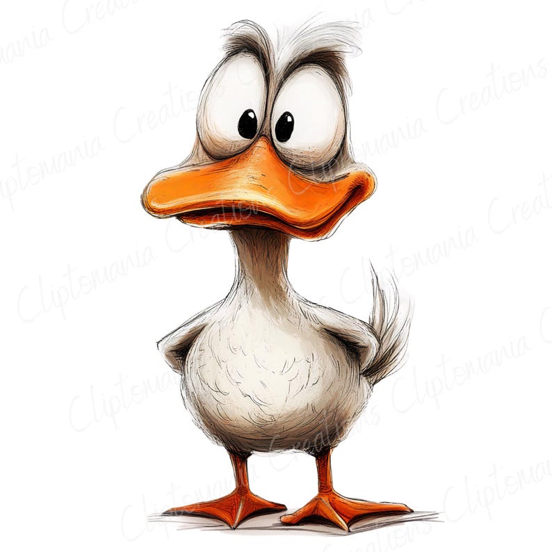 K&ouml;nnte beinhalten: Eine Cartoon-Illustration eines wei&szlig;en Entchens mit orangefarbenen F&uuml;&szlig;en und einem Schnabel. Das Entchen hat gro&szlig;e, runde Augen und einen &uuml;berraschten Ausdruck.
