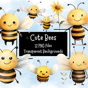 Lindo paquete de imágenes prediseñadas de abejas en acuarela: 12 archivos PNG, fondos transparentes, uso comercial, manualidades digitales, diario basura, abejorros