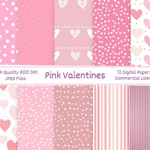 12 papeles digitales vintage de San Valentín rosa / papel de álbum de recortes imprimible de alta calidad de 300 DPI / fondo del corazón / fabricación de tarjetas / uso comercial
