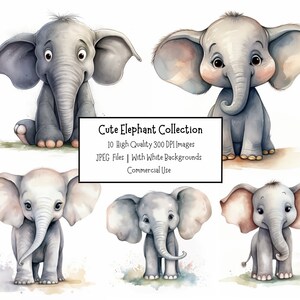 Pacote de clipart de elefante fofo | 10 ilustrações JPEG de alta qualidade com fundo branco | Uso Comercial | Safári, animal Clipart