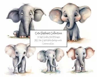 Süßer Elefant Clipart | 10 hochwertige JPEG-Illustrationen mit weißem Hintergrund | Kommerzielle Nutzung | Safari Tiere Clipart