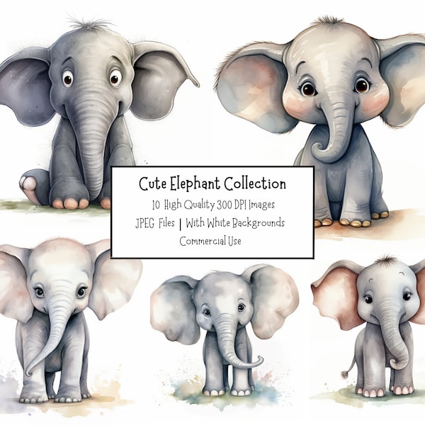 Cute Elephant Clipart Bundle | 10 High Quality JPEG Illustrations With White Backgrounds | Commercial Use | Safari Animal Clipart