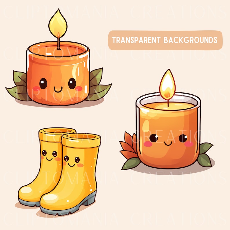 May include: Three cute cartoon illustrations: a yellow candle with a flame, a yellow candle with a flame in a glass jar, and a pair of yellow rain boots. The illustrations have an autumn theme.