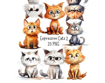 Funny Expressive Cats Clipart Bundle 20 PNG Files | Transparent Backgrounds | Commercial Use | Watercolour Cats