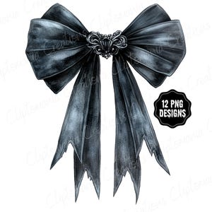 May include: A digitally rendered black bow with a decorative silver-colored center. The bow's ribbons have a distressed, torn edge. A black and white circular graphic in the lower right corner reads "12 PNG DESIGNS".