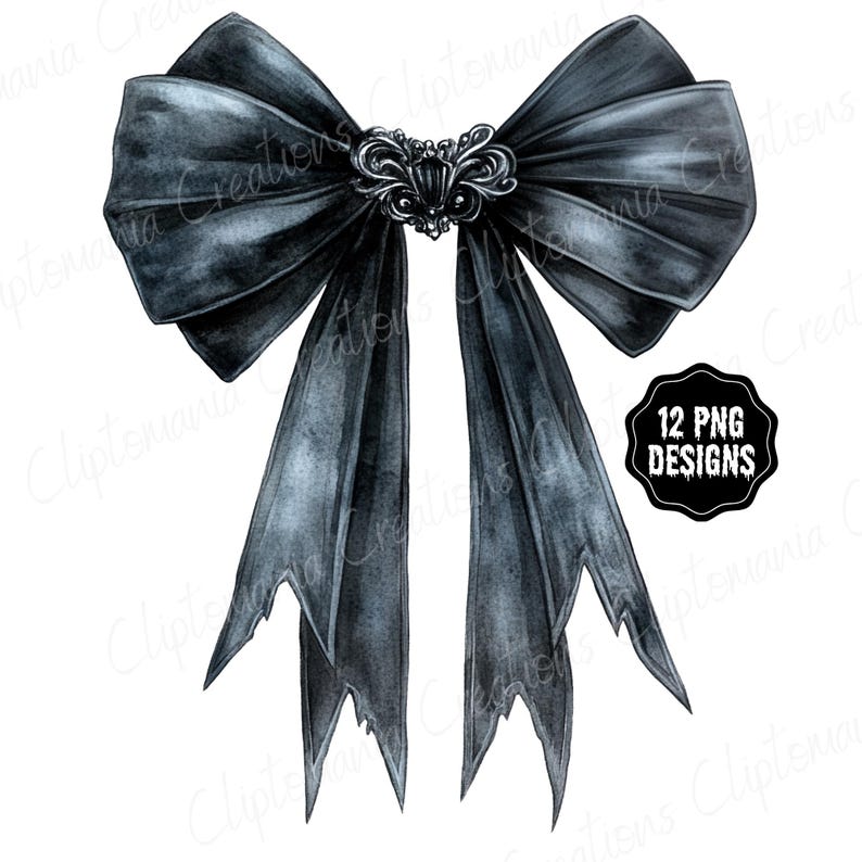 May include: A digitally rendered black bow with a decorative silver-colored center. The bow's ribbons have a distressed, torn edge. A black and white circular graphic in the lower right corner reads "12 PNG DESIGNS".