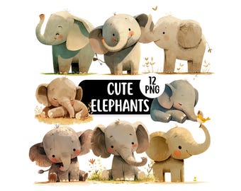 Cute Elephant PNG Clipart Bundle, Cute Kawaii Cartoon Elephant Graphics, Children's Clipart, Printable Nursery Graphics, Card Making Designs