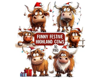 Cute & Funny Festive Highland Cow PNG Clipart Bundle |  Transparent Backgrounds | Printable Quirky Christmas Clipart | Card Making Design