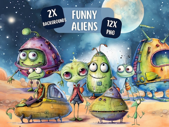 Funny Watercolour Alien Clipart Bundle 12 PNG Designs | Transparent Backgrounds | Commercial Use | Card Making | Junk Journal | Outer Space