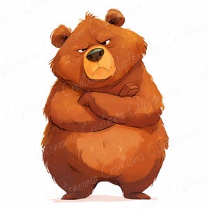 Pu&ograve; includere: Un orso bruno con un'espressione scontrosa sta in piedi con le braccia incrociate. L'orso ha una pancia grande e rotonda e piccoli occhi neri.