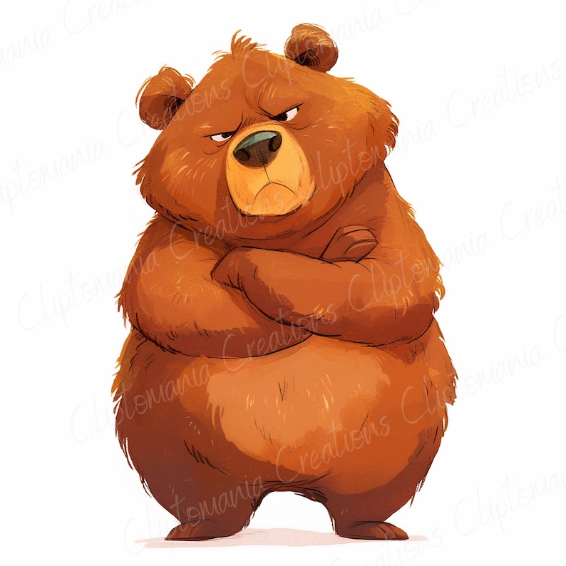 Pu&ograve; includere: Un orso bruno con un'espressione scontrosa sta in piedi con le braccia incrociate. L'orso ha una pancia grande e rotonda e piccoli occhi neri.